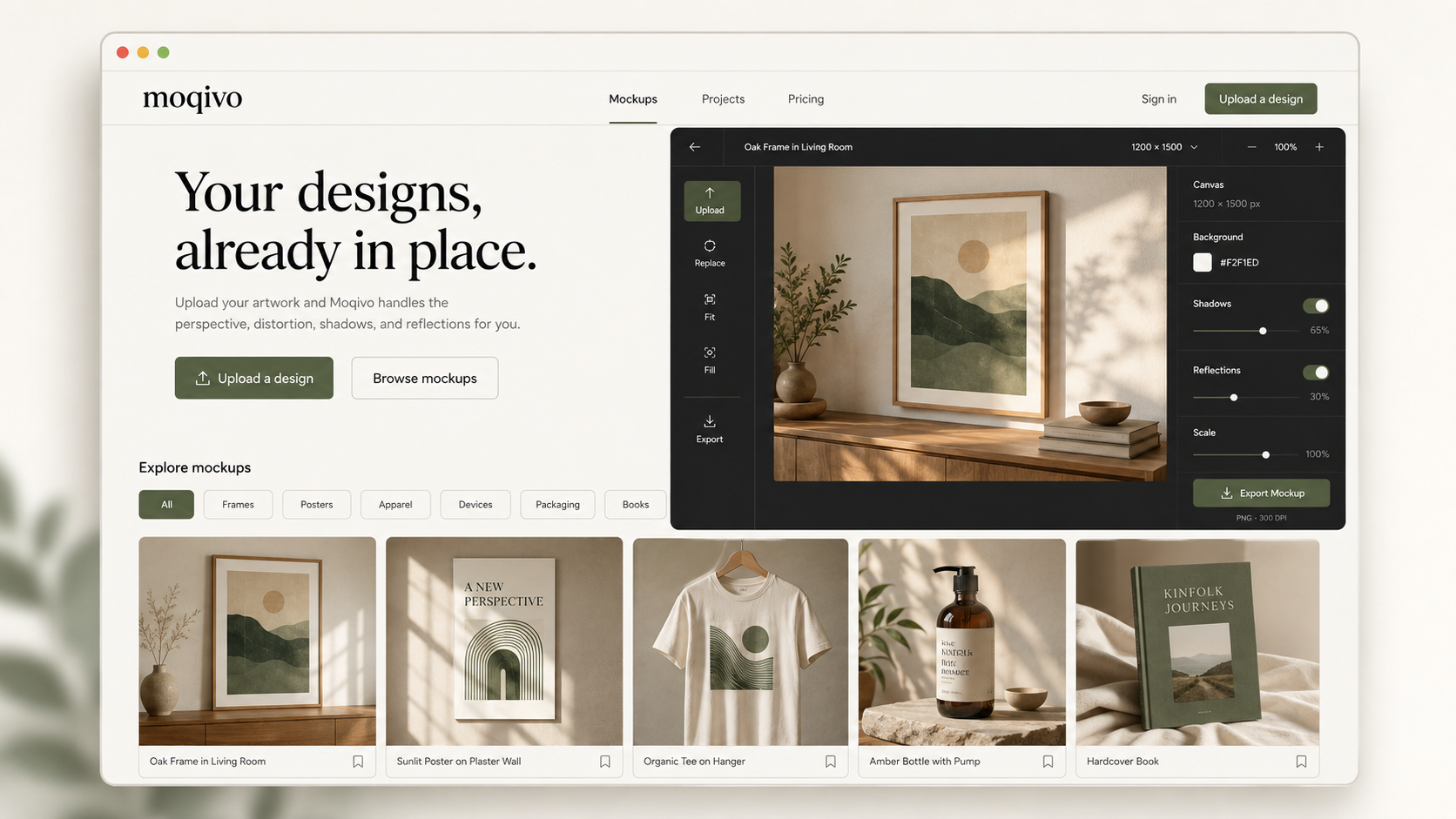 Moqivo interface concept showing an artwork mockup editor and a collection of product scenes
